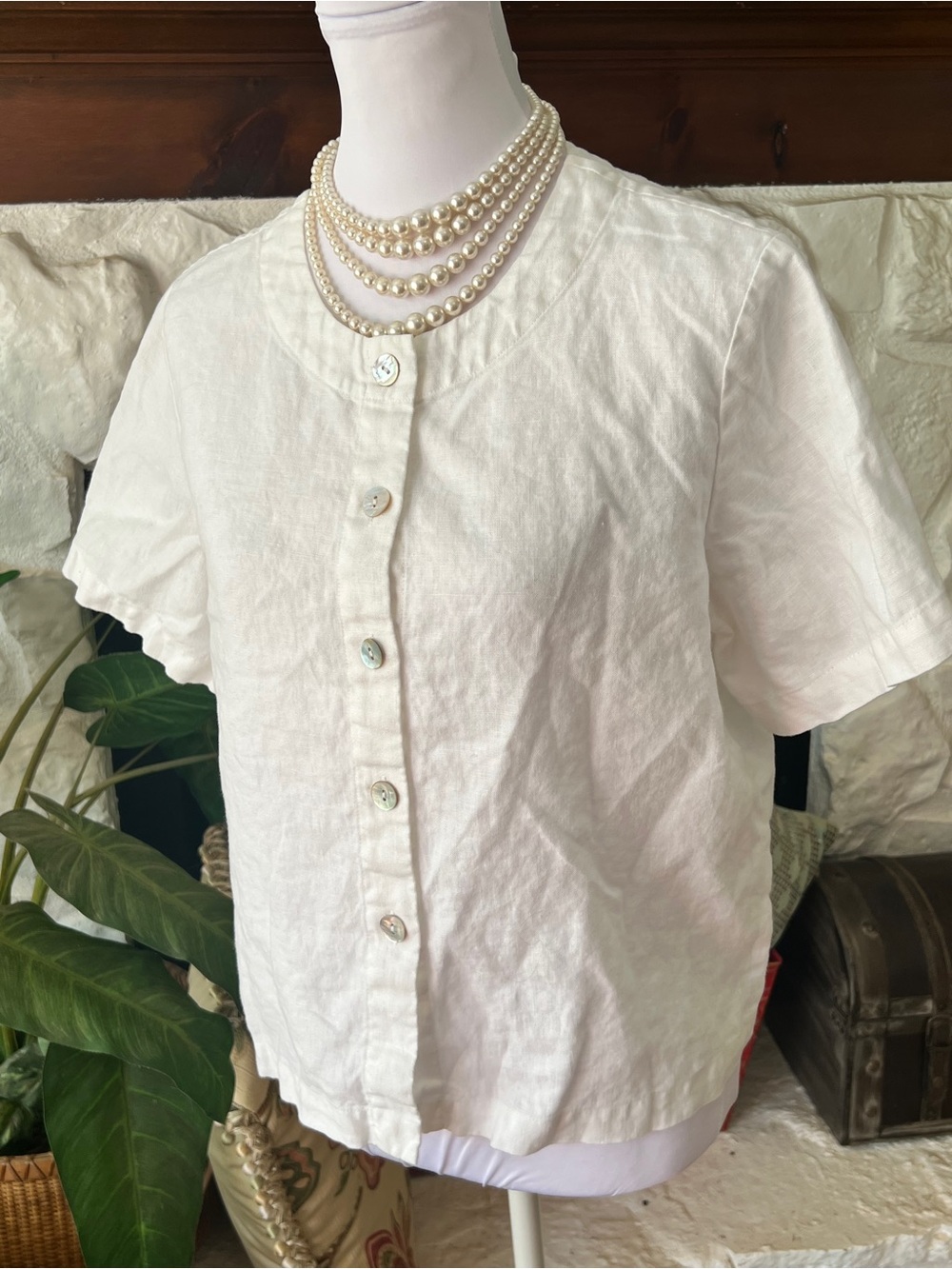 Orvis White Short-Sleeve 100% Linen Button-Front Shirt Women’s Size Medium